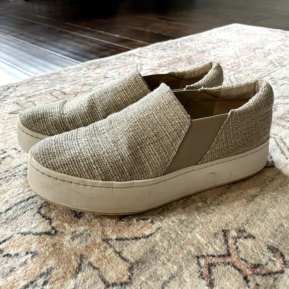 Vince Warren Platform Slip On Sneakers SZ 7.5 Natural Ecru Linen Leather Shoes - Picture 6 of 9